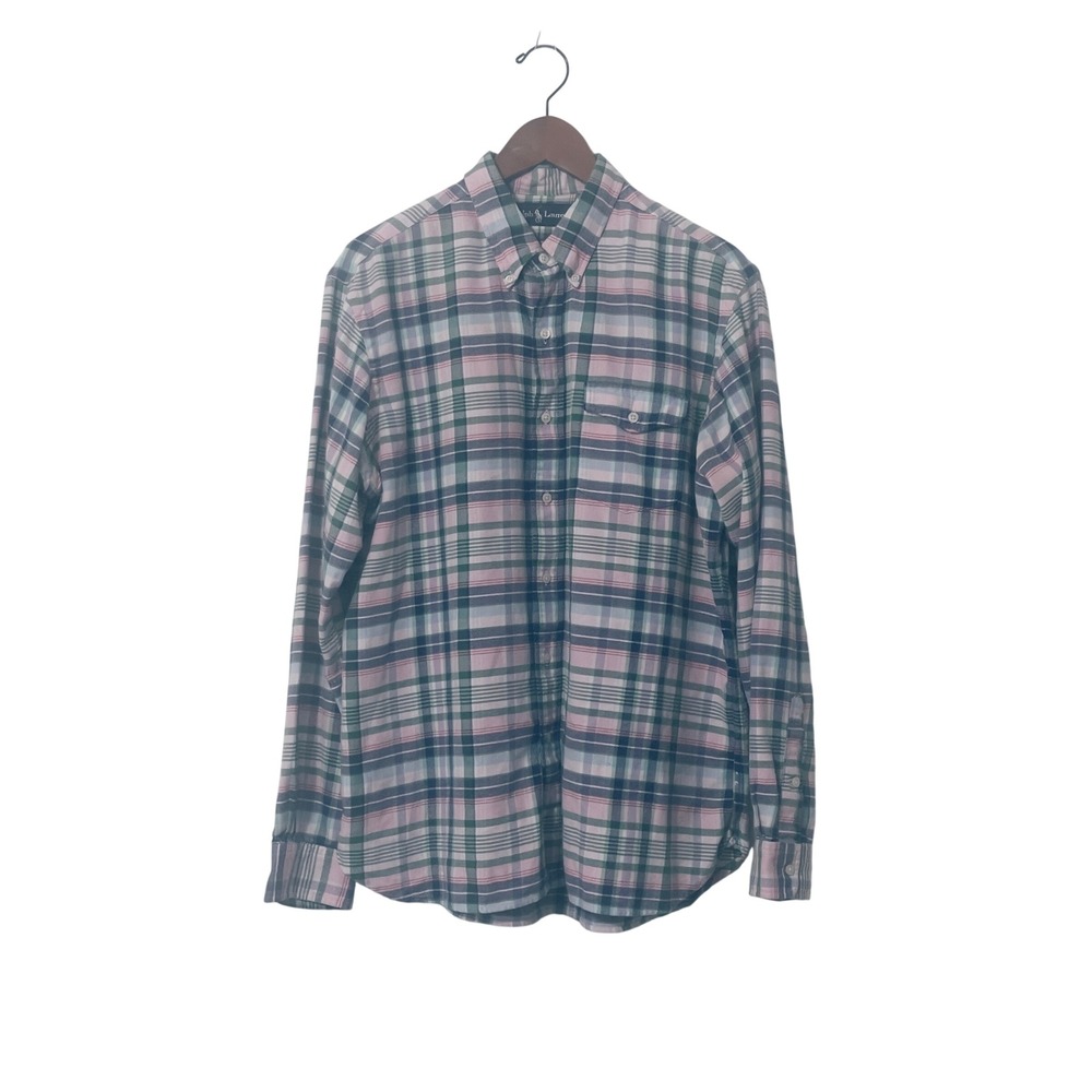 Ralph Lauren Mens Plaid Button Down Shirt Large Pink Green Pastel Cotton L